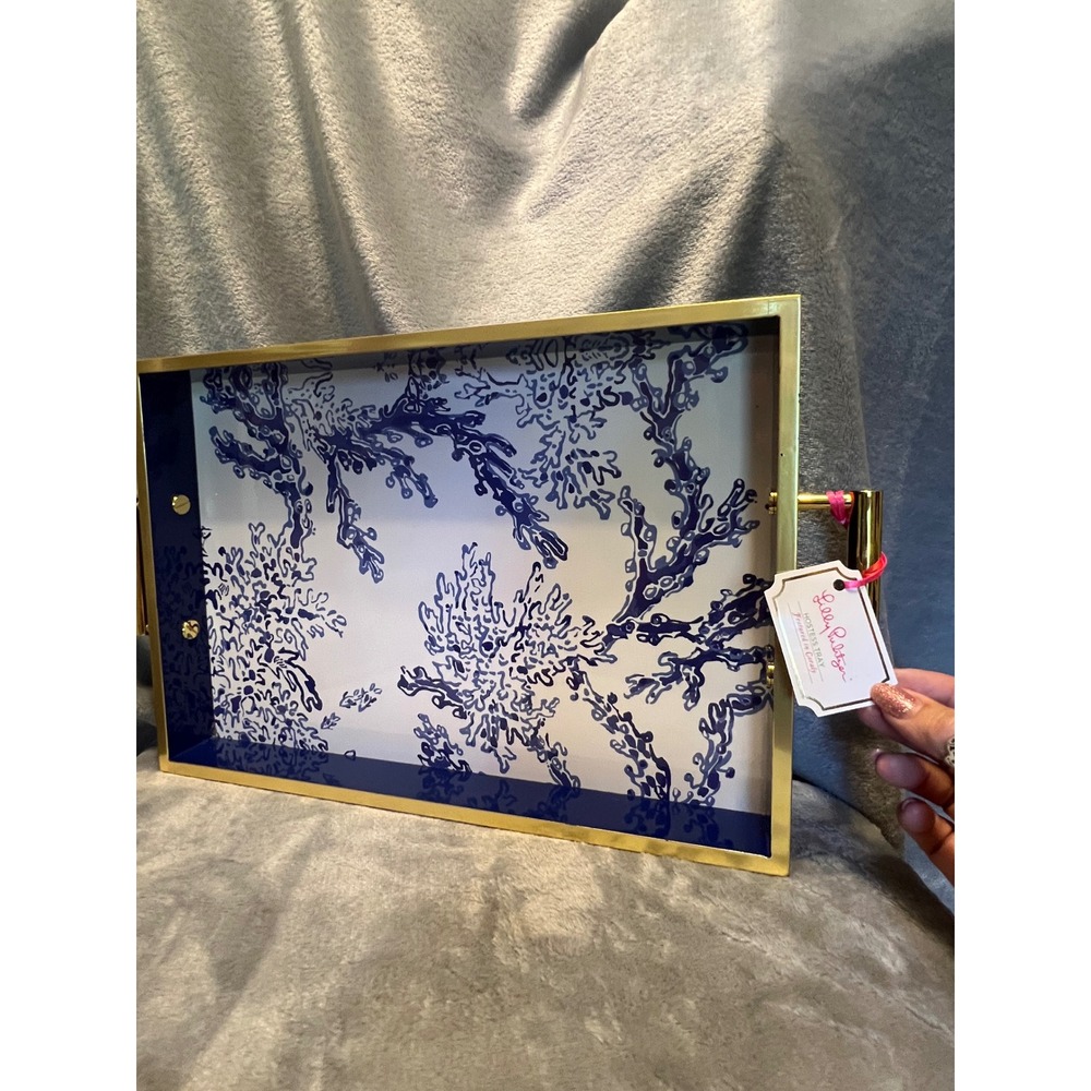 Lilly Pulitzer Coral Bay Hostess Serving Tray Blue White Gold Handles 18" NWT